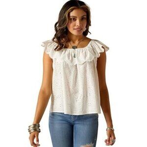 Ariat Women's Ruffle Shoulder Eyelet Coquette Top Blouse Cloud Dancer